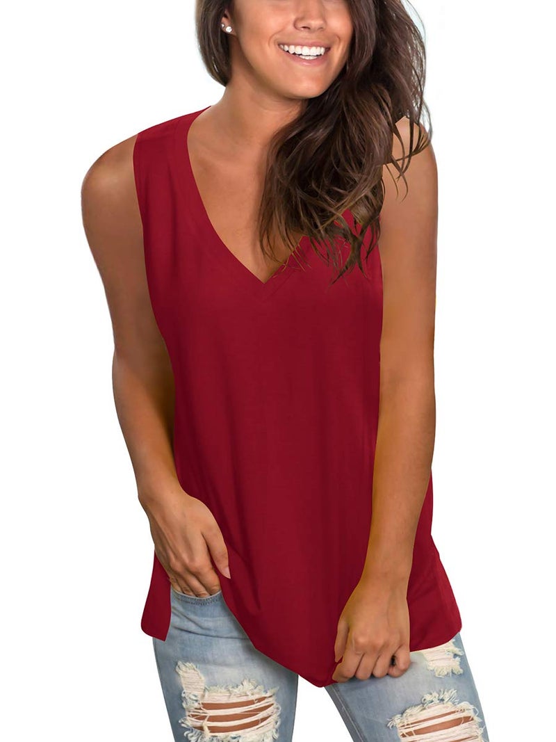 SAMPEEL Tank Tops Tropical for Women Summer Flowy Deep V Neck Sleeveless T Shirts Burgundy XL - Image 2